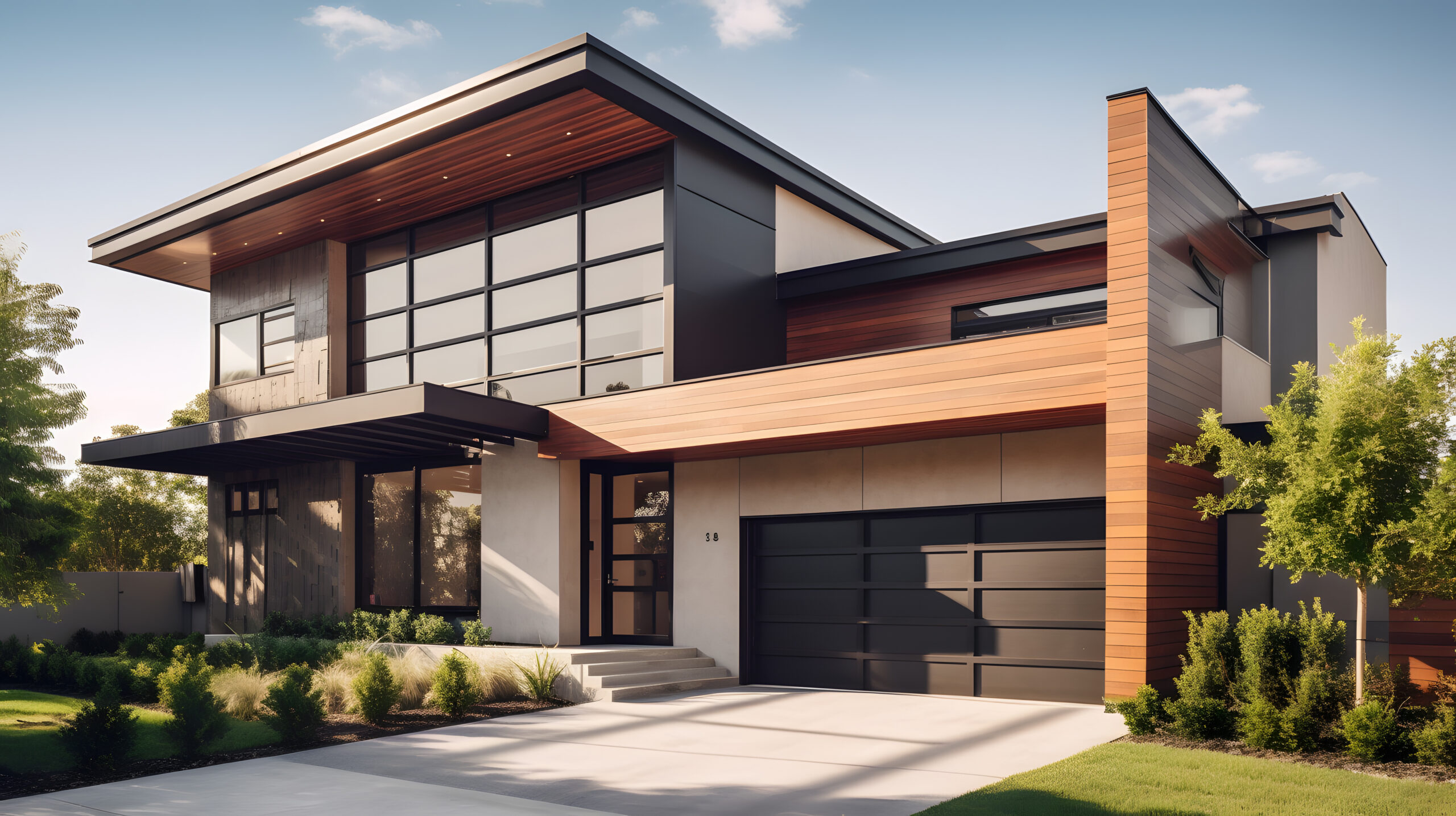 This stunning stock photo showcases a beautifully crafted modern house design featuring a bold and sophisticated facade with a warm color palette and exquisite attention to detail.
