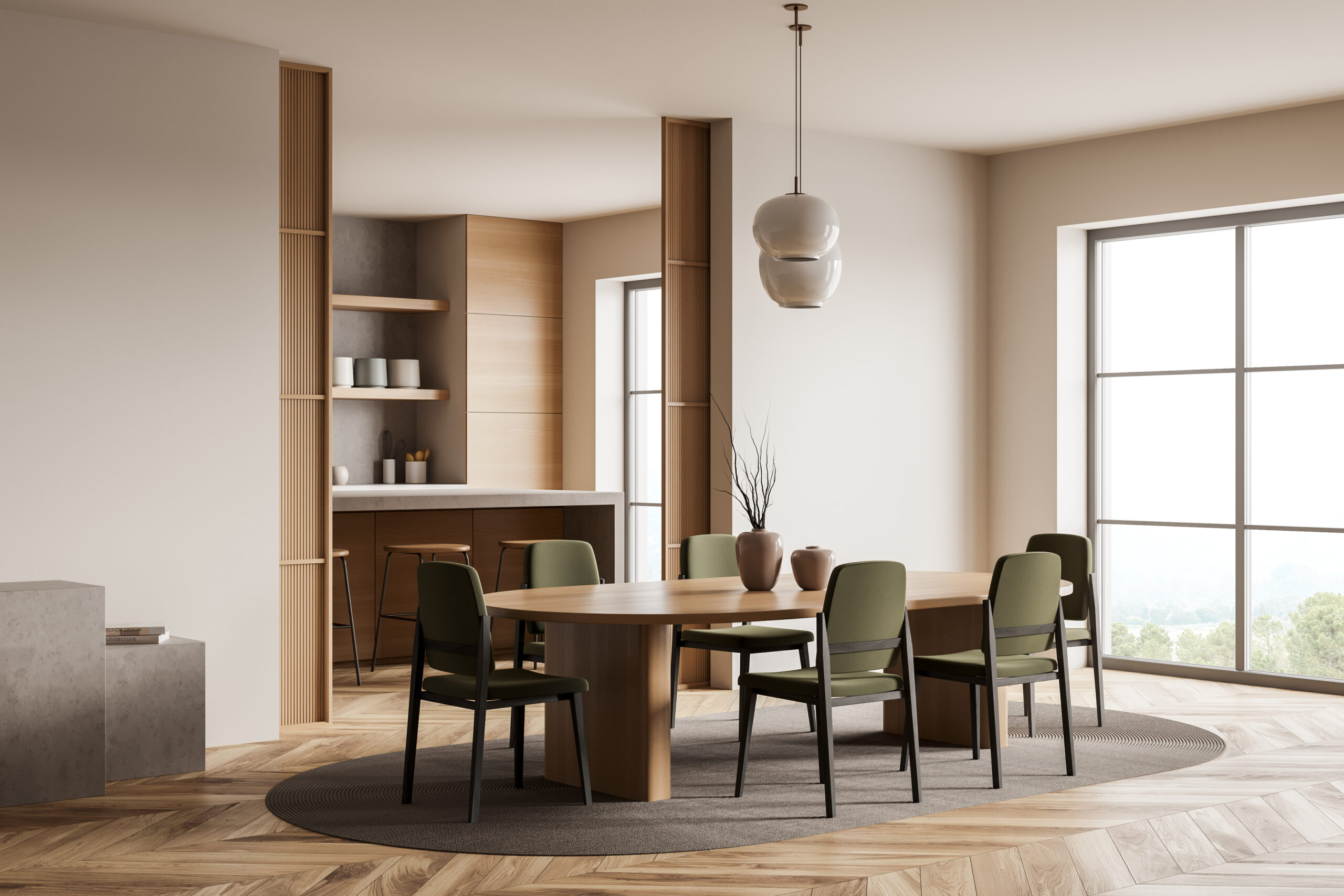 Light kitchen interior with chairs and table, cooking room and window